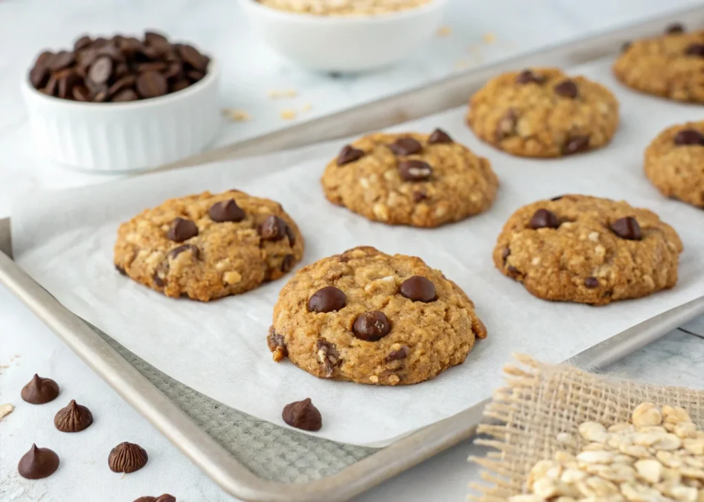 freshly baked 3 ingredient oatmeal cookies on parchment-lined tray