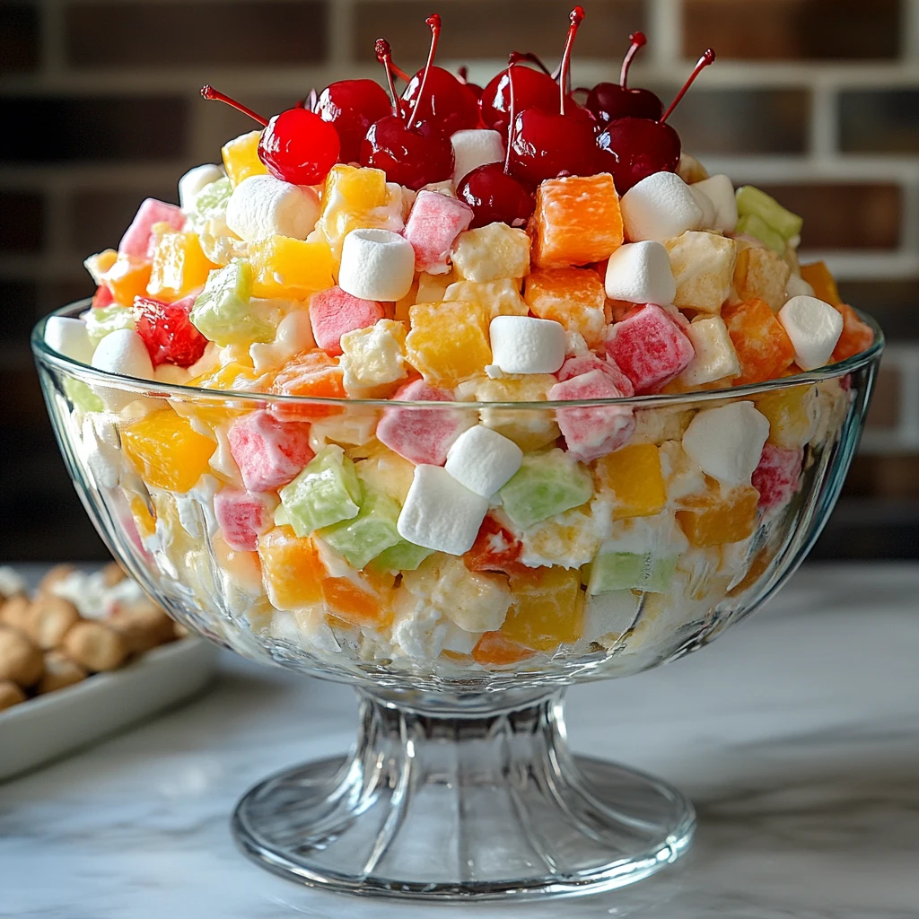 Colorful fruit salad with Cool Whip, mini marshmallows, and cherries in a glass bowl