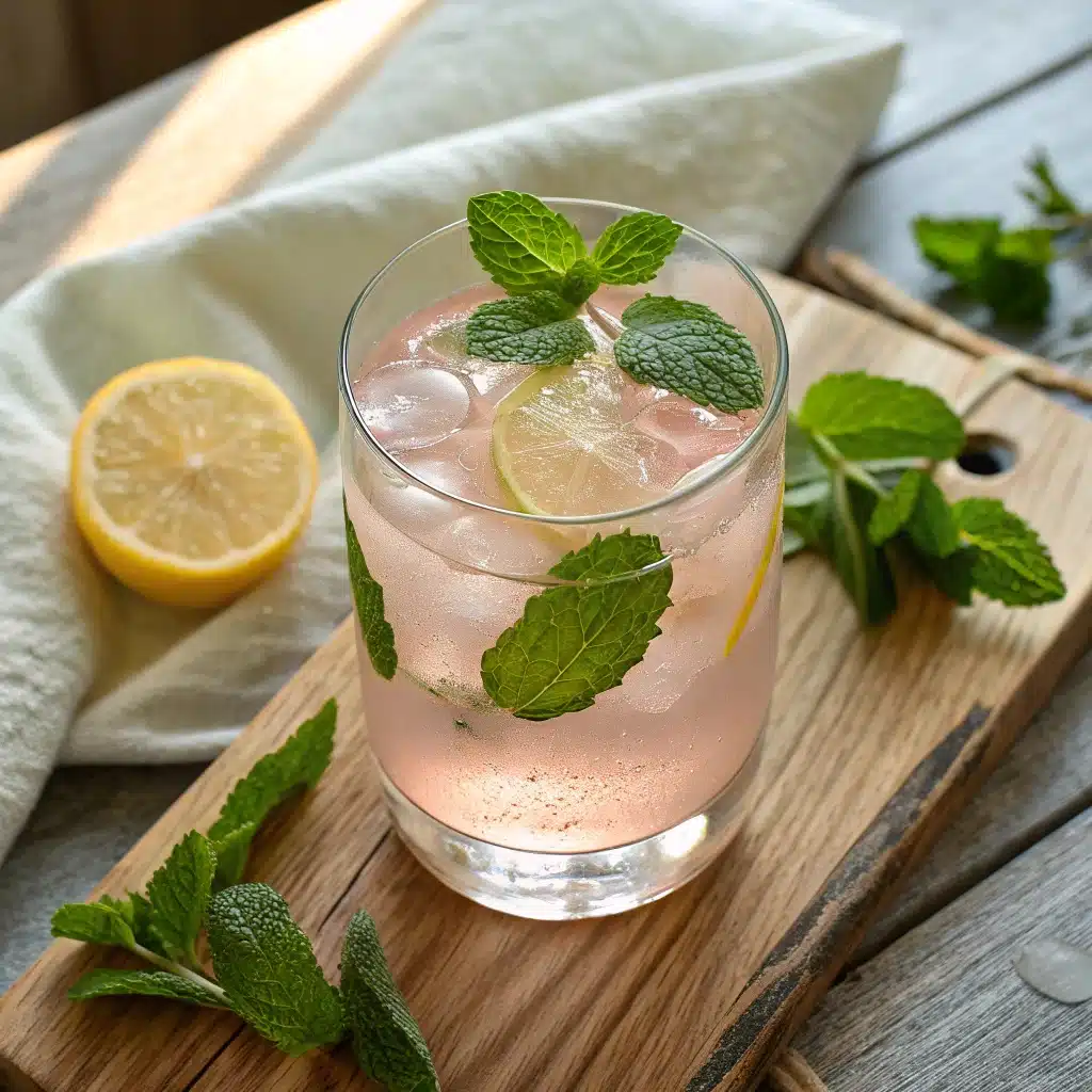 Japanese pink salt drink with lemon, mint, and ice in a clear glass