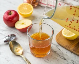 adding apple cider vinegar and lemon to glass