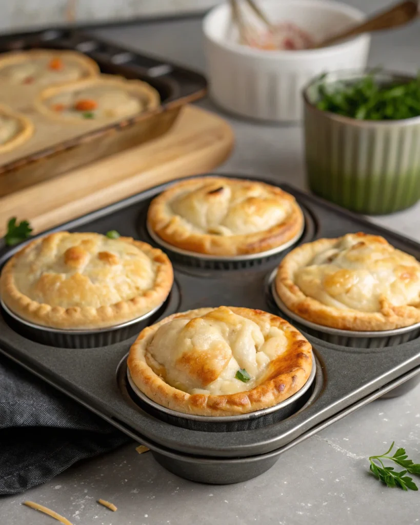 Freshly baked mini chicken pot pies in muffin tin