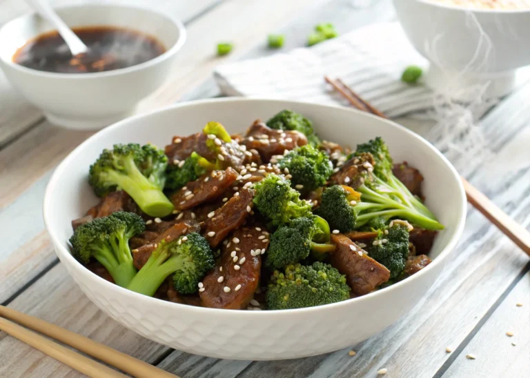 Beef and broccoli recipe served in a white bowl with glossy sauce and bright green broccoli
