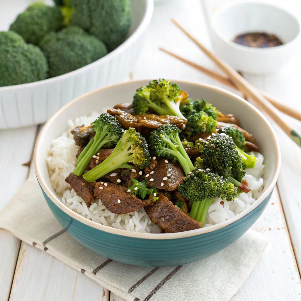 Beef and broccoli recipe served in a bowl over steamed white rice with glossy brown sauce and sesame seeds