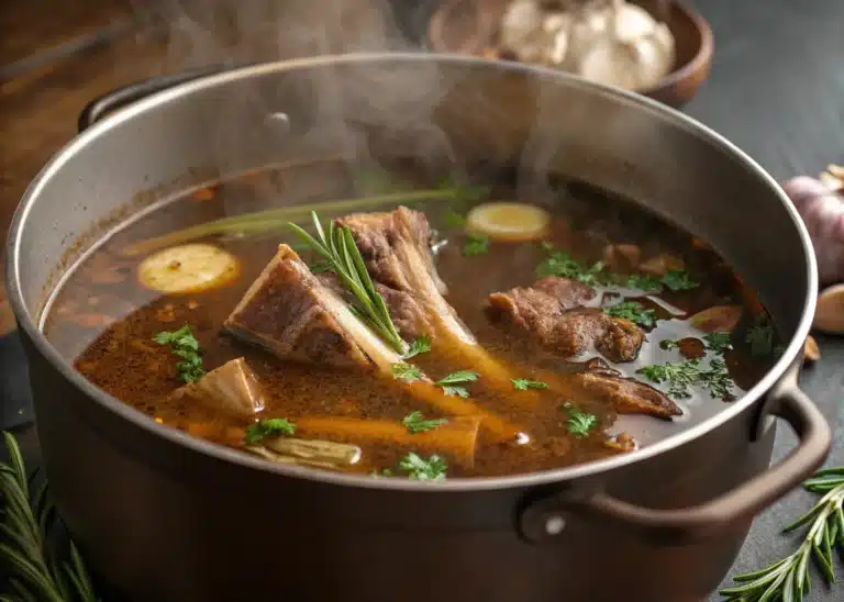 Beef bone broth recipe in pot with herbs and garlic