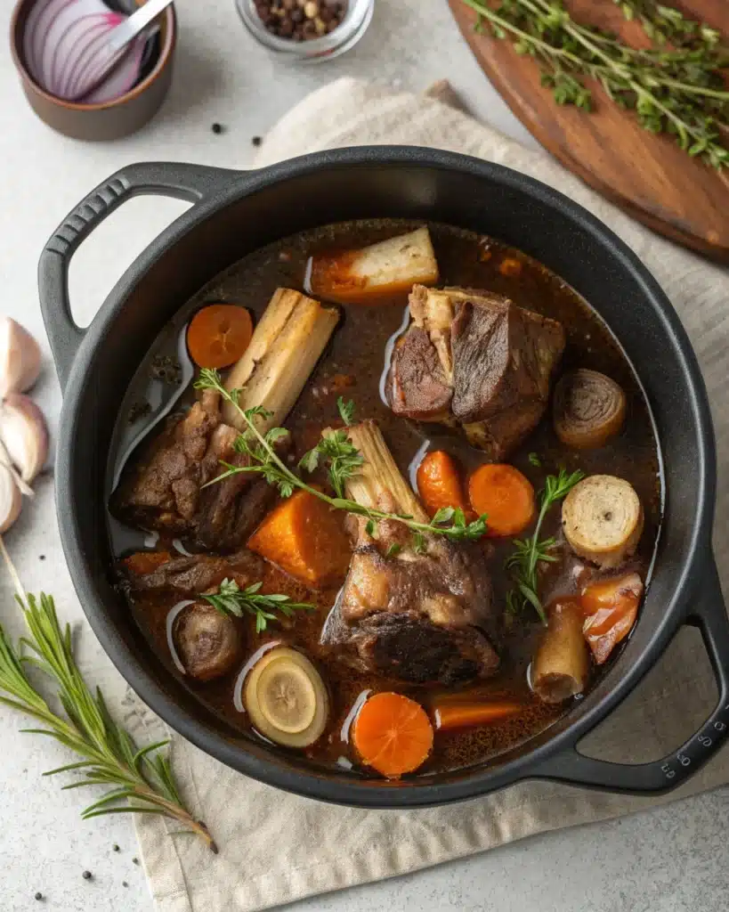 Roasted beef bones, carrots, and onions in pot before simmering broth
