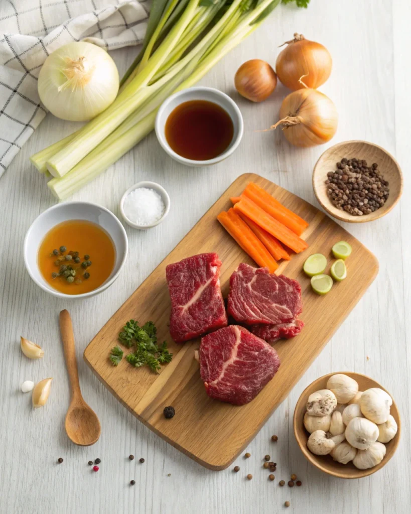 Raw beef cheeks with ingredients for recipe
