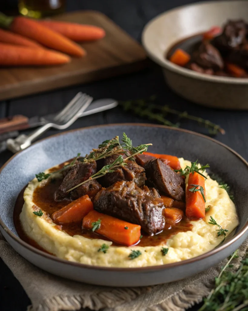 Plated beef cheeks with sauce and veggies