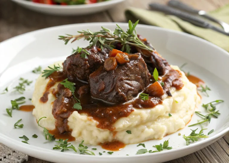 Slow-cooked beef cheeks over mashed potatoes