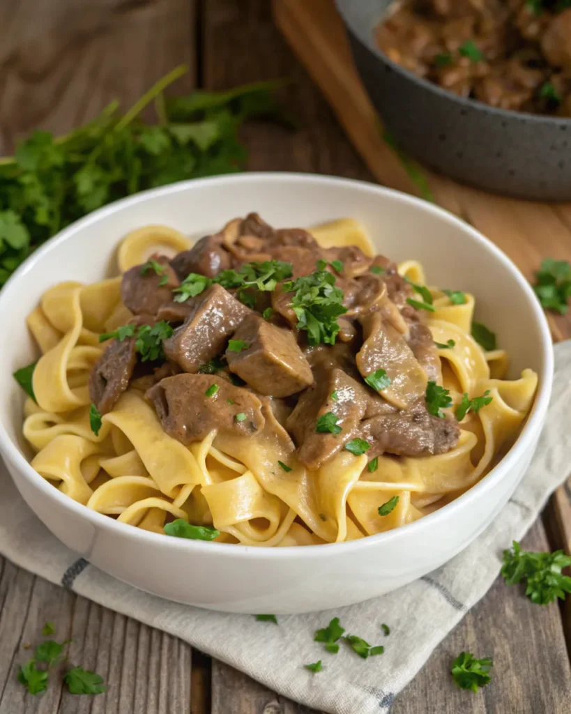 Plated Instant Pot beef stroganoff over noodles