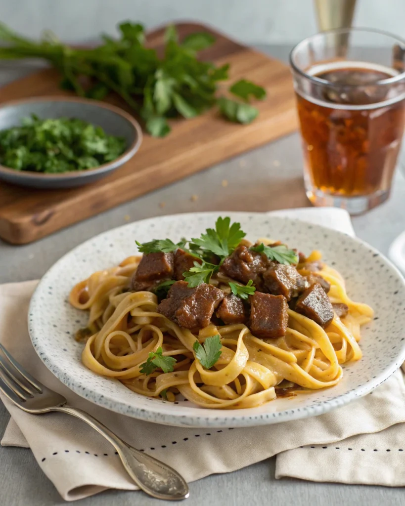 Slow cooker beef tips over noodles, ready to eat