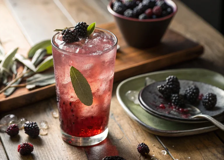 blackberry sage lemonade refresher in a tall glass with fresh sage and ice