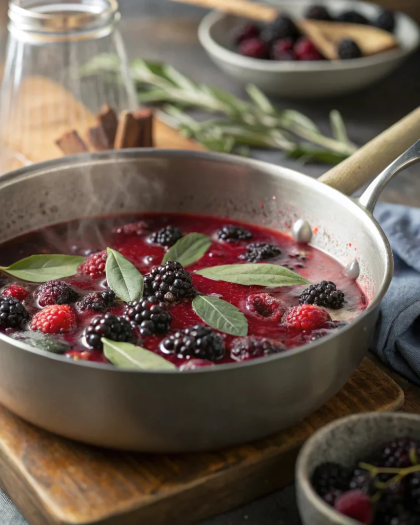 simmering blackberry sage syrup in a saucepan