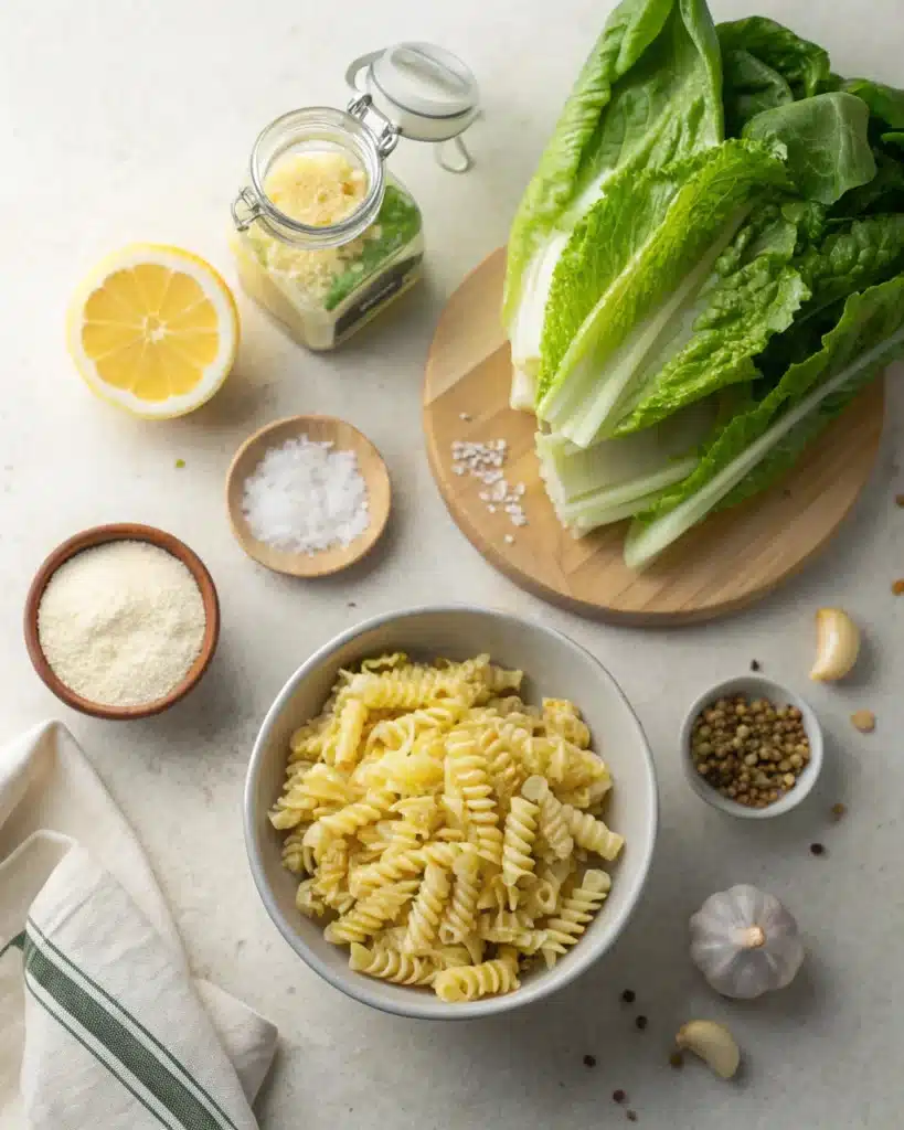 Homemade Caesar pasta salad ingredients on kitchen counter