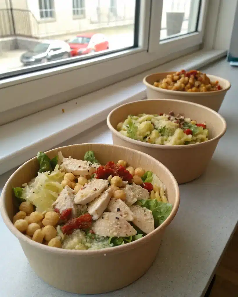 Caesar pasta salad variations with chicken, chickpeas, and spice