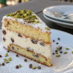 Slice of cannoli cake with ricotta filling and chocolate chips