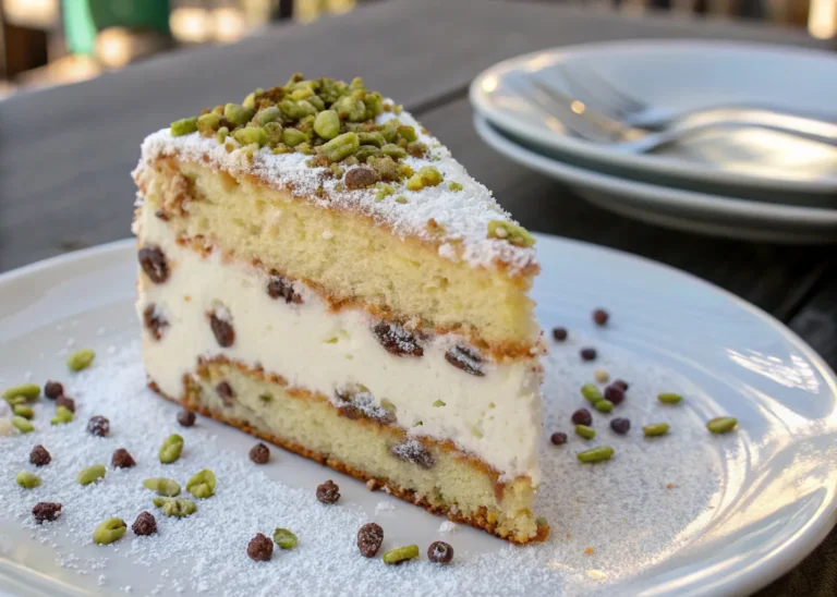 Slice of cannoli cake with ricotta filling and chocolate chips
