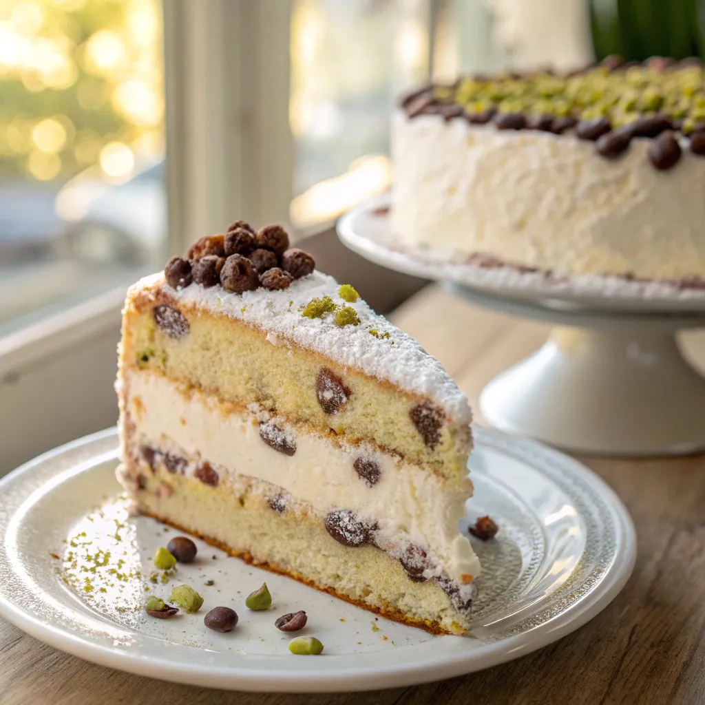 Cannoli Cake Recipe 5 Slice of cannoli cake with creamy ricotta filling, chocolate chips, and pistachio topping
