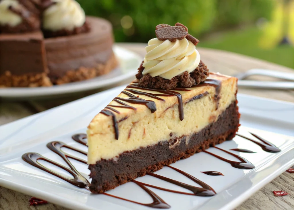 Slice of cheesecake brownie cake with whipped cream and chocolate drizzle