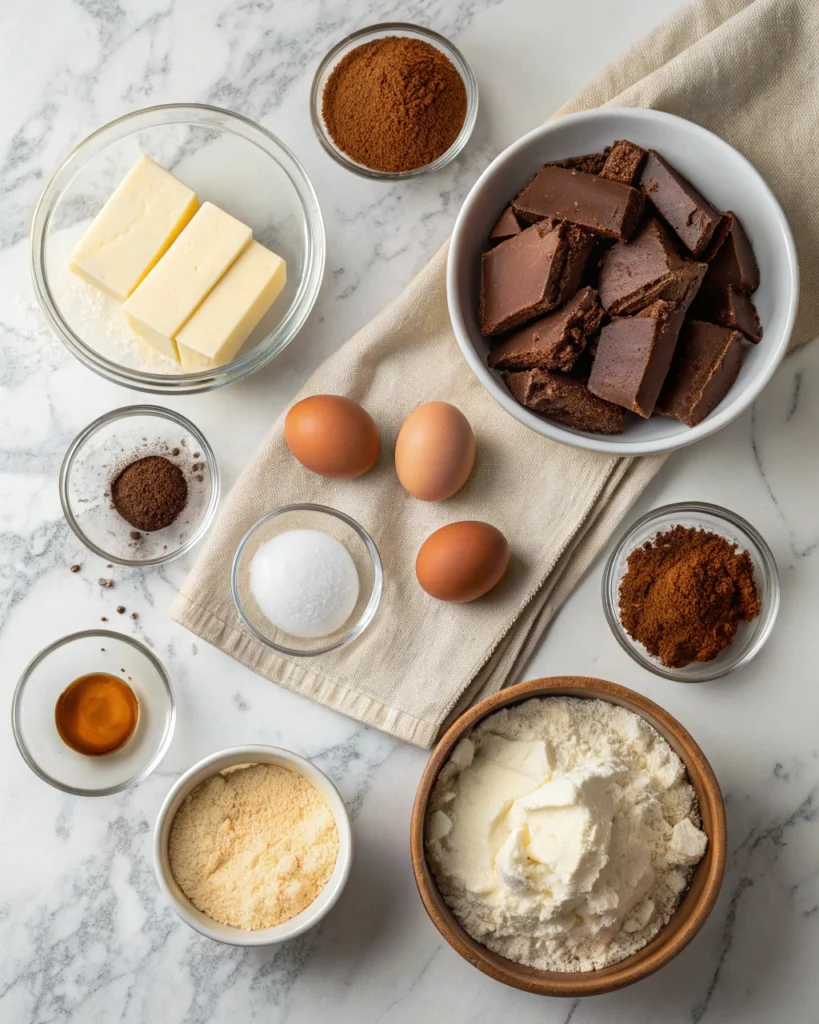 Cheesecake and Brownie Cake 2 Flat lay of cheesecake brownie cake ingredients