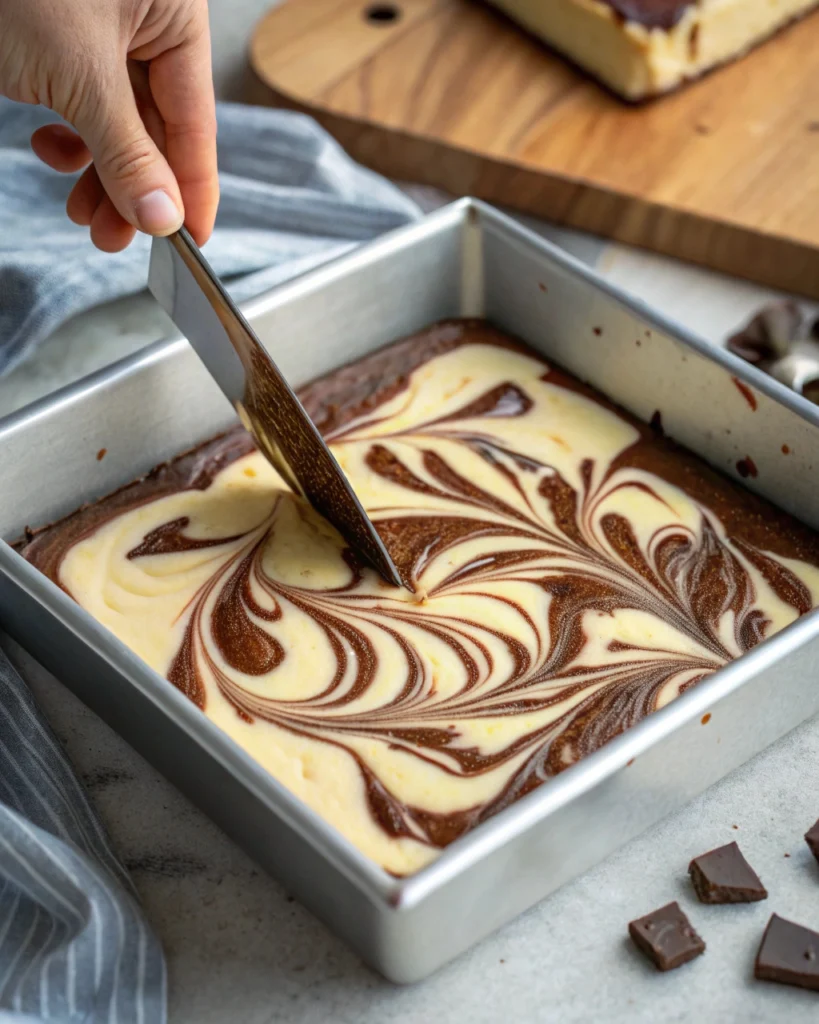 Cheesecake and Brownie Cake 3 Swirling cheesecake and brownie batters in pan