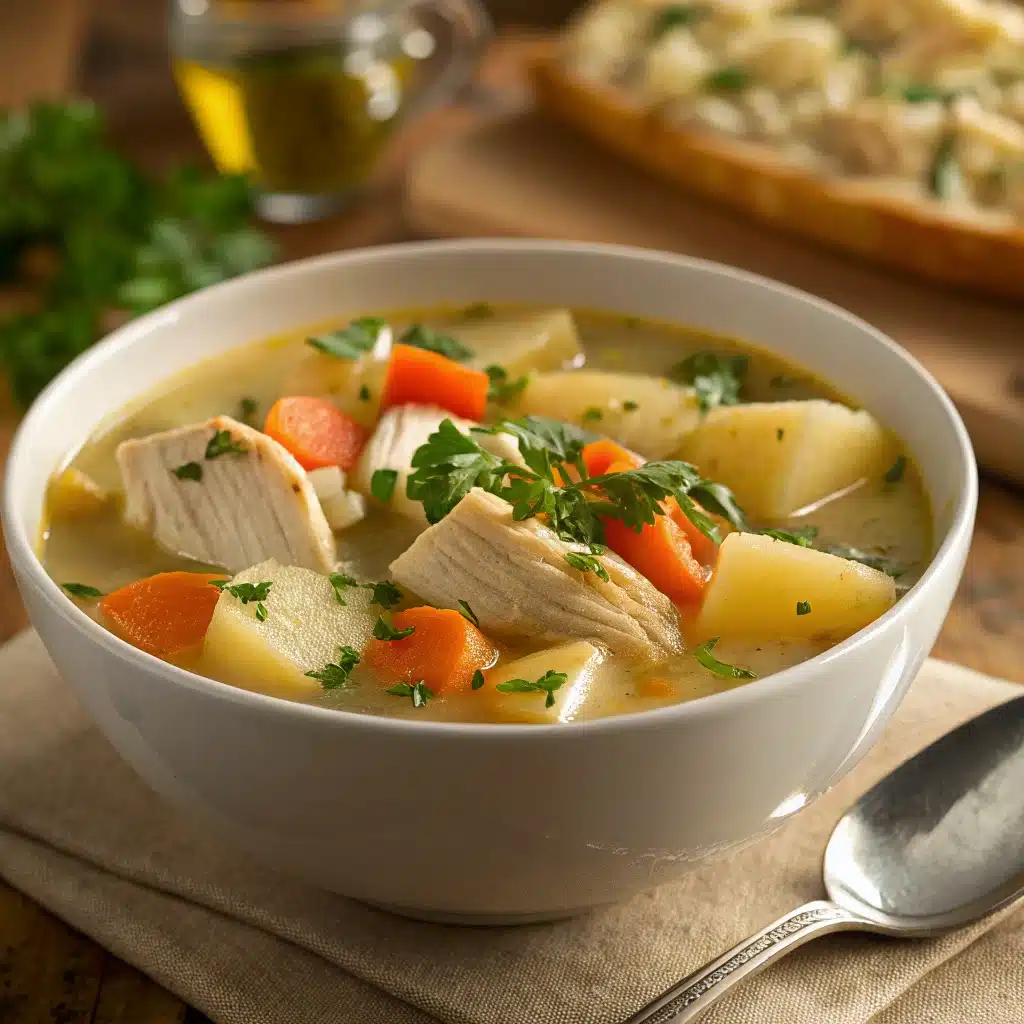 Chicken and potato soup with herbs in a bowl