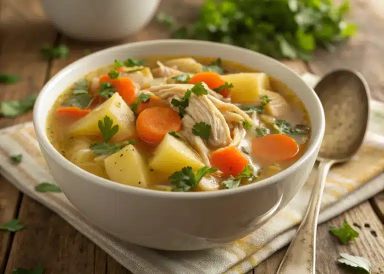 Chicken and potato soup in a rustic bowl with fresh herbs