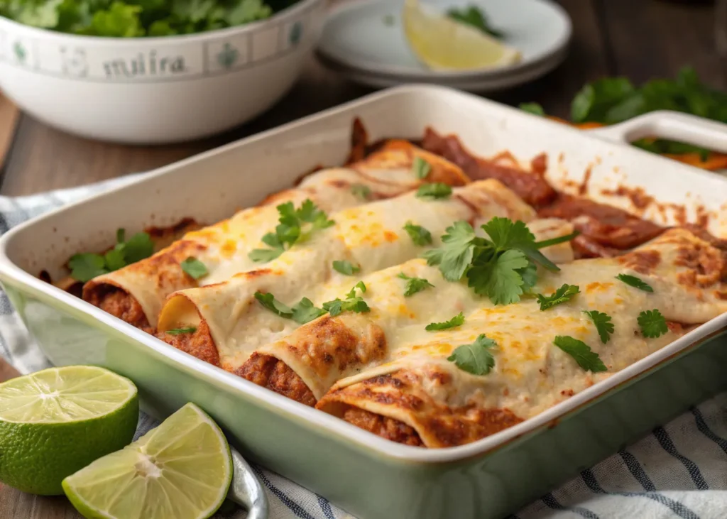 Baked chicken enchilada recipe with golden cheese and cilantro
