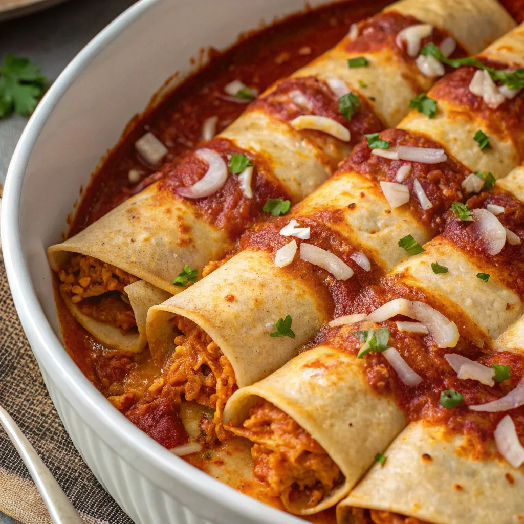Baked chicken enchiladas with golden cheese and red sauce