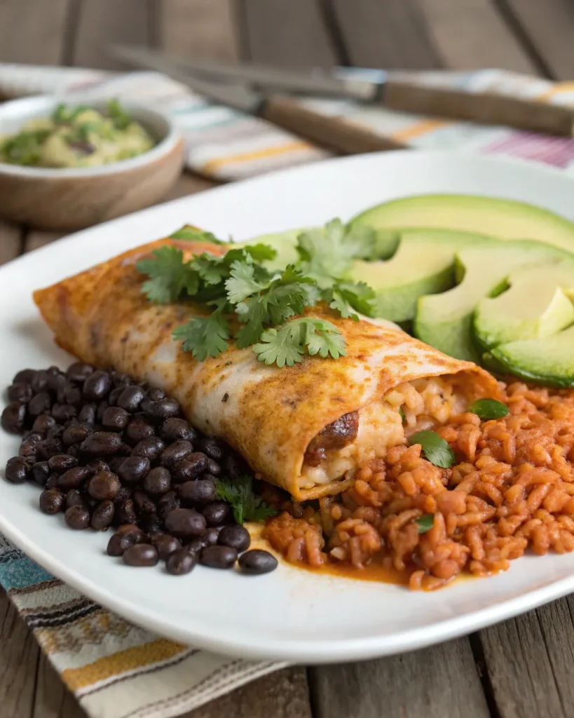 Chicken enchiladas served with Mexican rice and beans