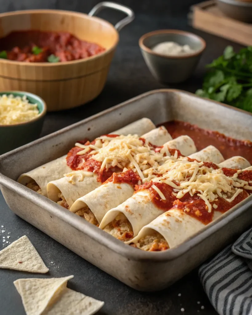 Chicken enchiladas prepared in baking tray before going into oven