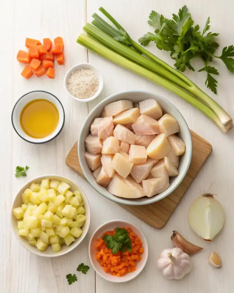 Fresh ingredients for chicken and potato soup arranged on a wooden surface