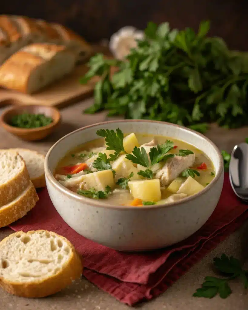 Chicken and potato soup served with crusty bread and herbs