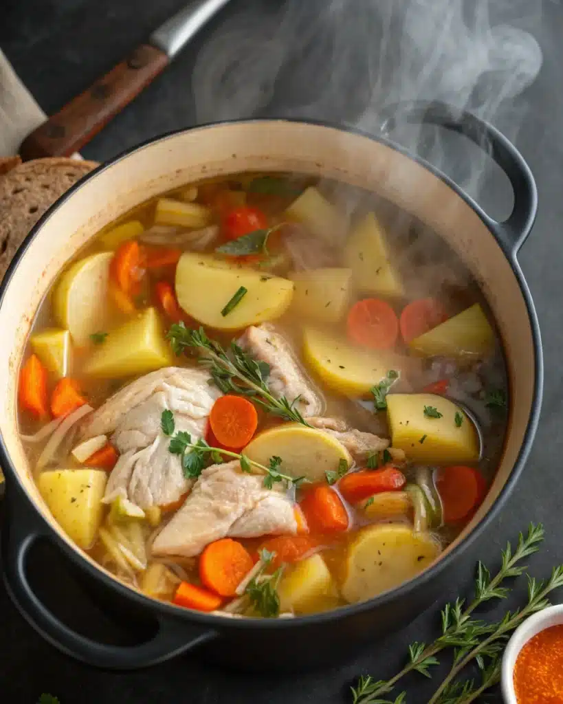 hicken and potato soup simmering in a pot with carrots and broth