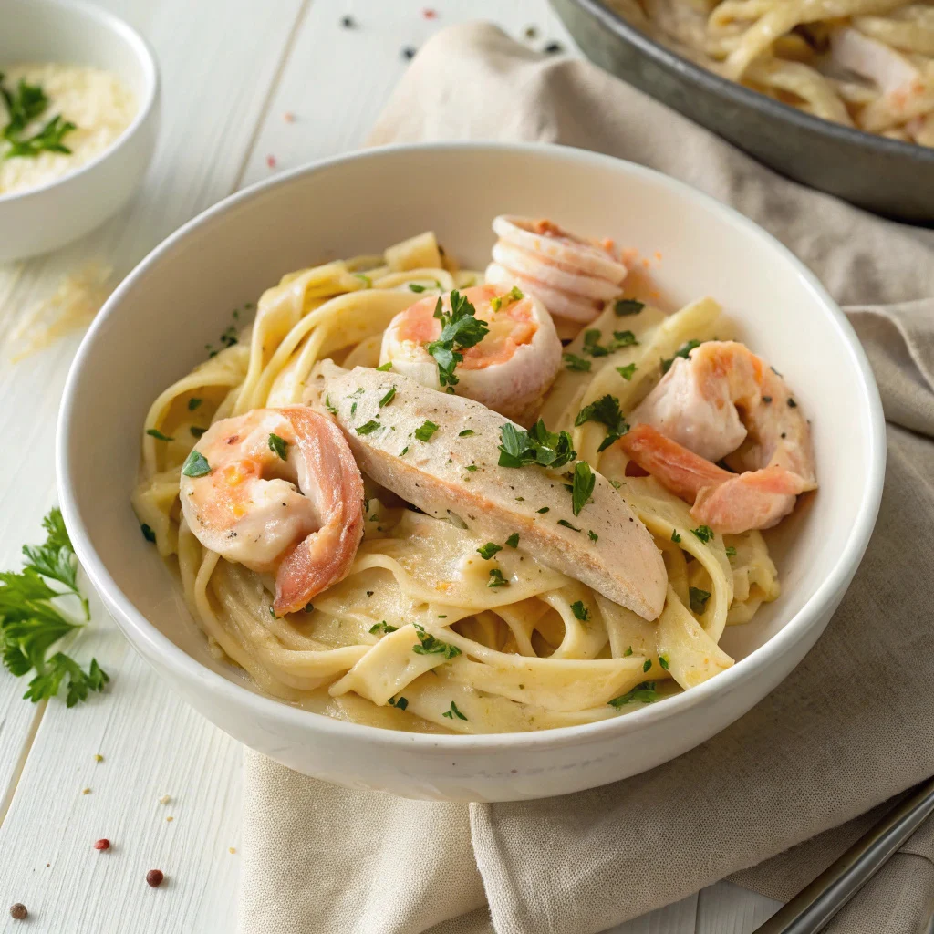 creamy chicken and shrimp Alfredo pasta topped with parsley