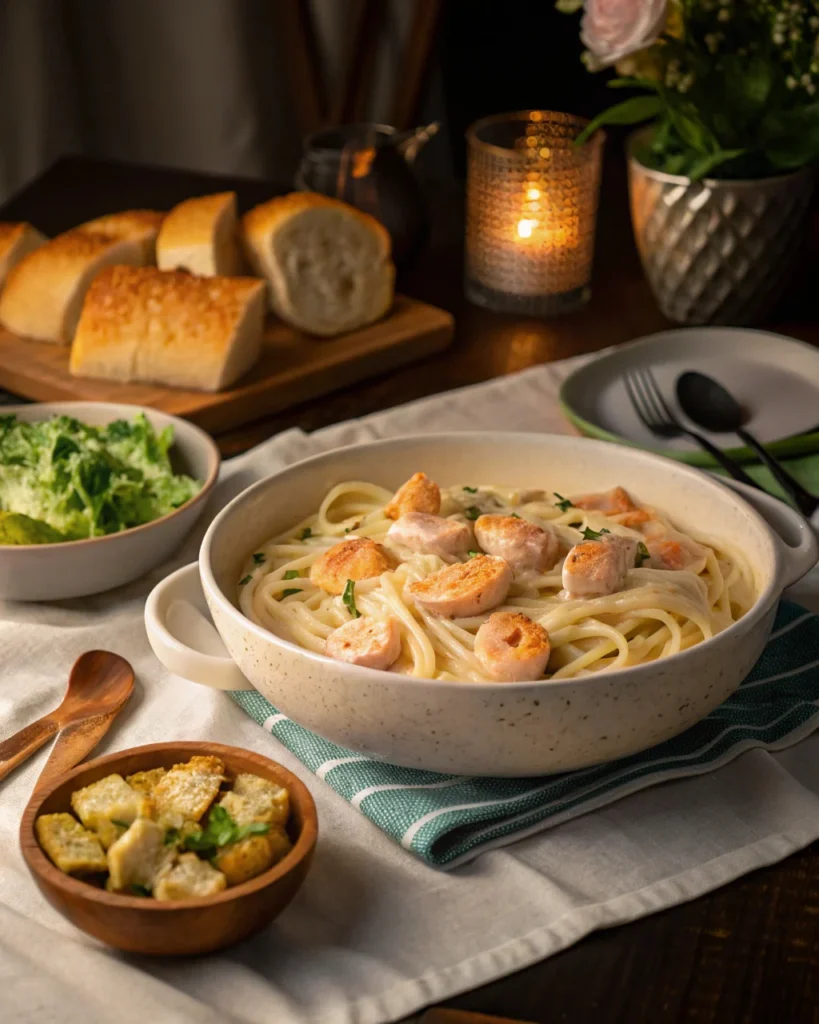 family-style chicken and shrimp Alfredo dinner