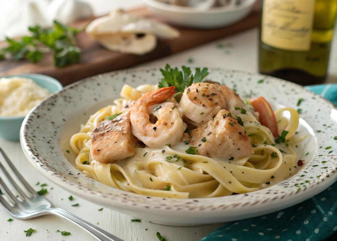 creamy chicken and shrimp Alfredo on fettuccine pasta