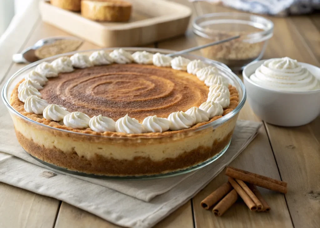 churro cheesecake with cinnamon sugar topping and whipped cream
