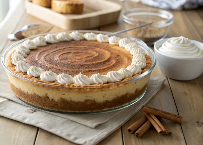 churro cheesecake with cinnamon sugar topping and whipped cream