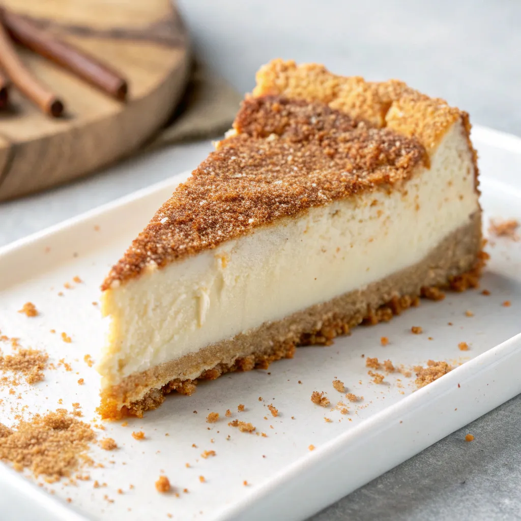 Churro cheesecake 5 slice of churro cheesecake with cinnamon sugar crust and cream cheese filling
