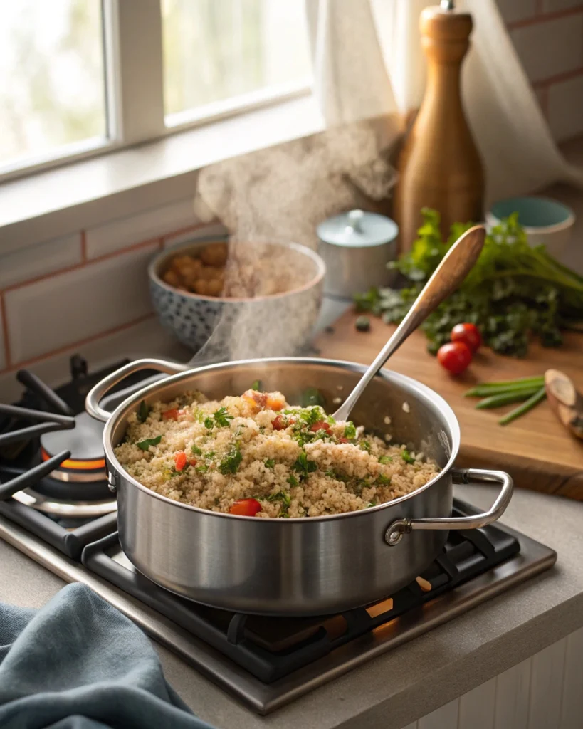 Quinoa cooking on the stove in a home kitchen