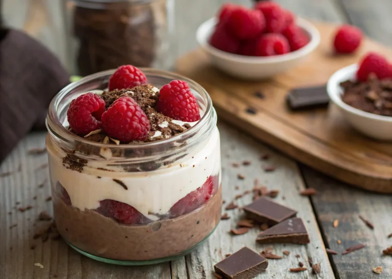 Cottage cheese chocolate mousse with raspberries