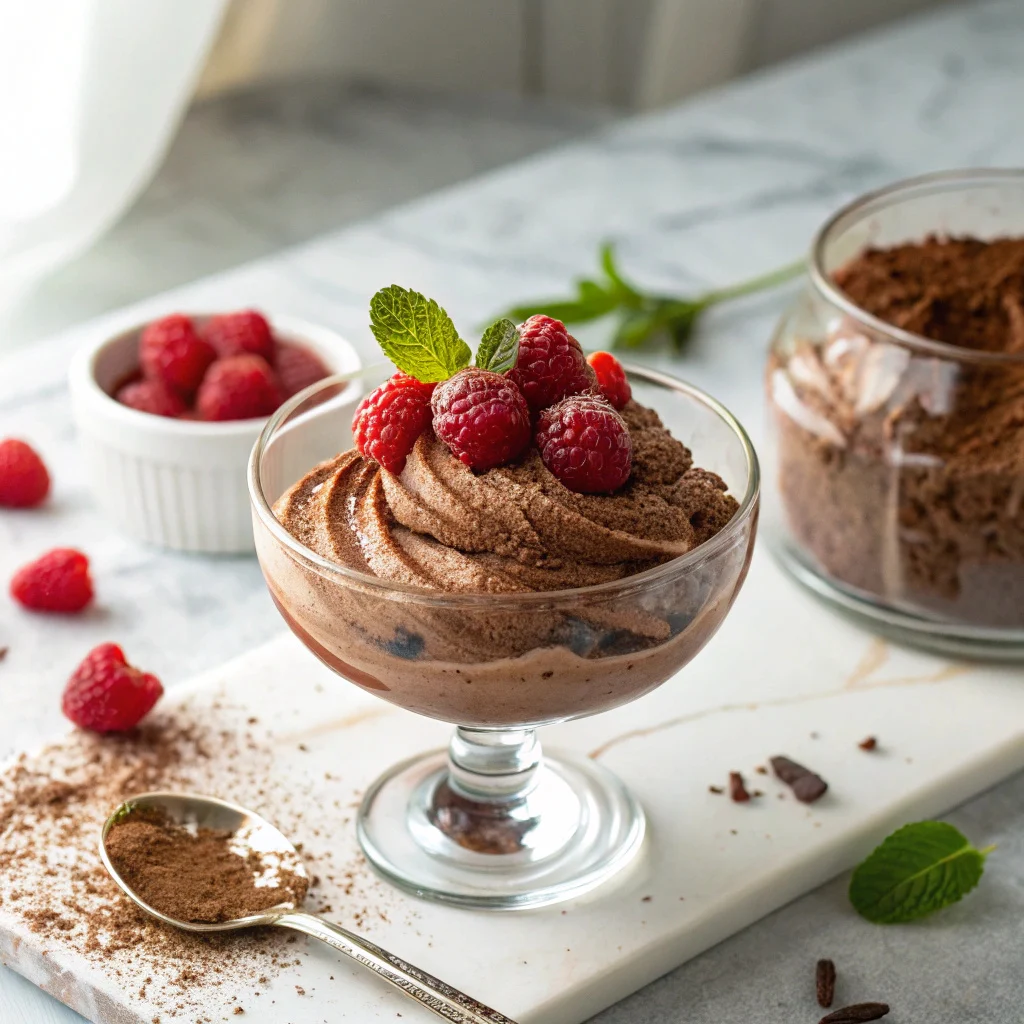 Creamy cottage cheese chocolate mousse topped with raspberries