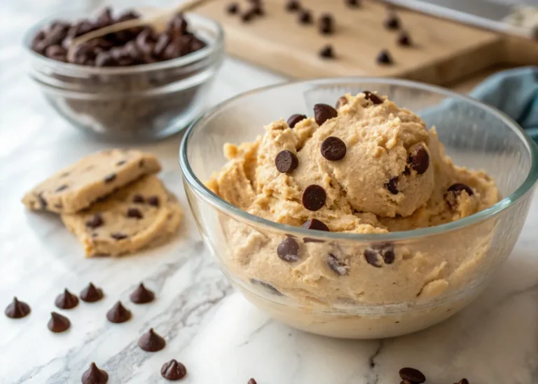 cottage cheese cookie dough in a clear glass bowl close-up