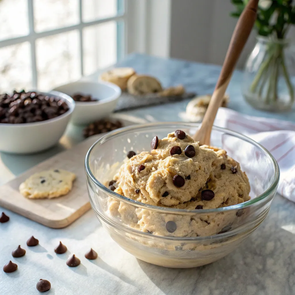vertical shot of cottage cheese cookie dough with chocolate chips