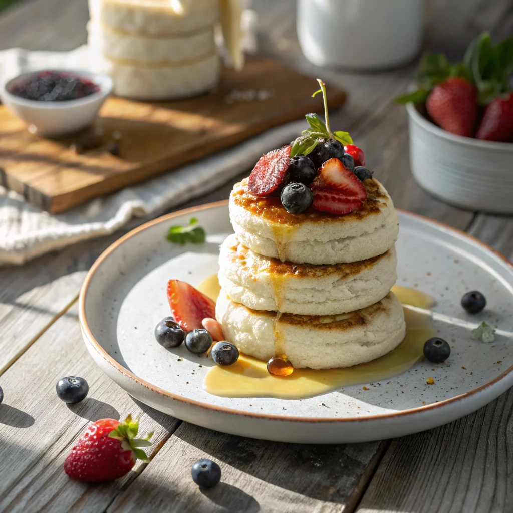 Fluffy cottage cheese pancakes topped with berries and syrup