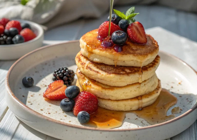 Cottage cheese pancakes with berries and syrup
