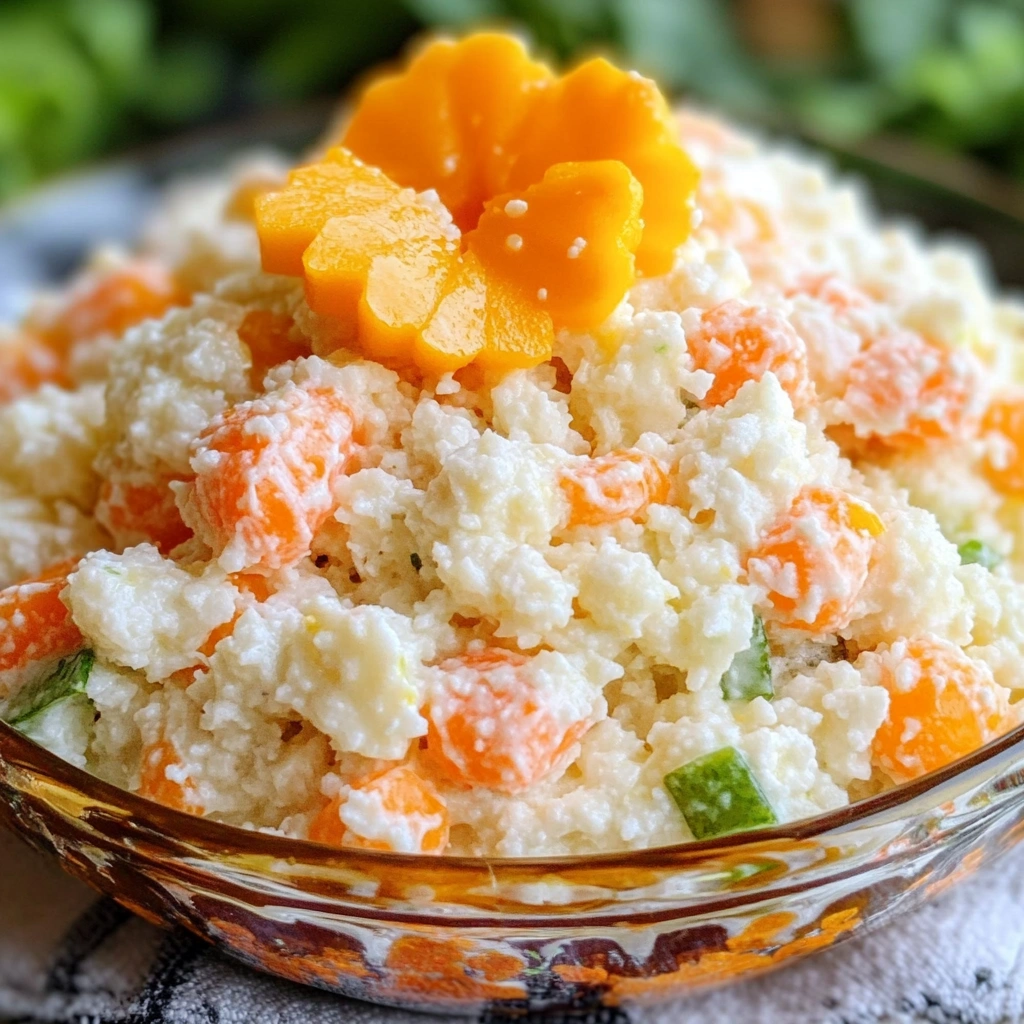 Creamy homemade frog eye salad with acini de pepe, mandarin oranges, and pineapple in a clear bowl, topped with decorative fruit garnish