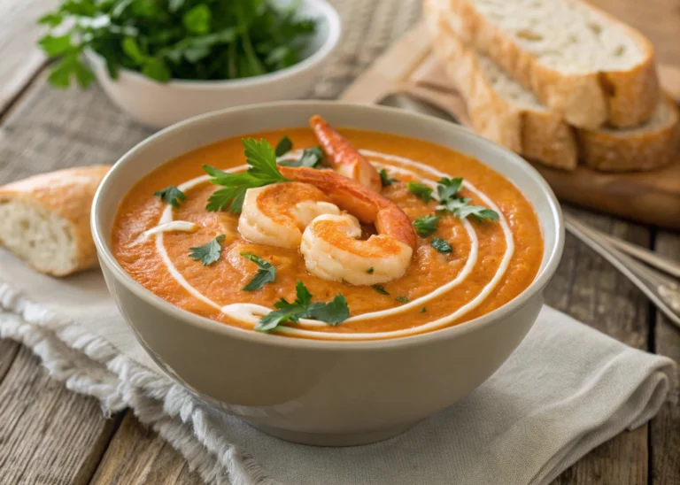 creamy shrimp bisque recipe served in a bowl