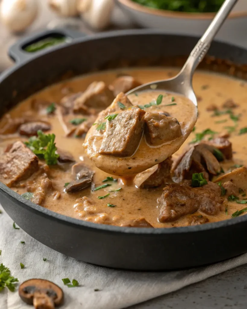 Creamy stroganoff sauce with beef and mushrooms