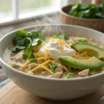 Ultra close-up of creamy crockpot white chicken chili with toppings